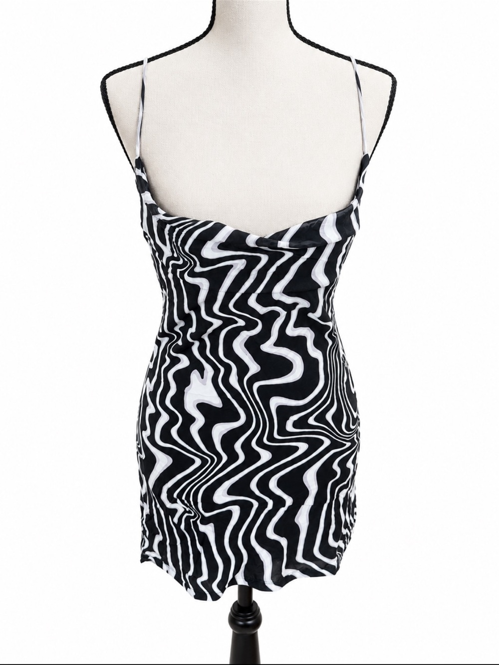 Zara Black White Abstract Swirl Cowl Neck Slip Mini Dress S